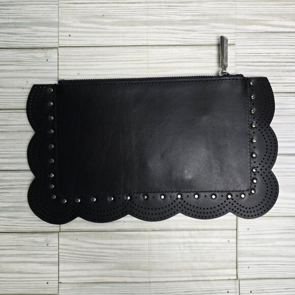 BCBGMAXAZRIA Black Leather Scalloped Studded Envelope Clutch Bag Pouch - Picture 3 of 9